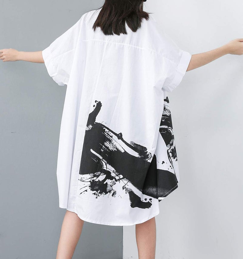 ellazhu Women's Oversized Button Down Shirt Dresses Batwing Sleeves High Low Top for Summer GY1827 White - Image 2